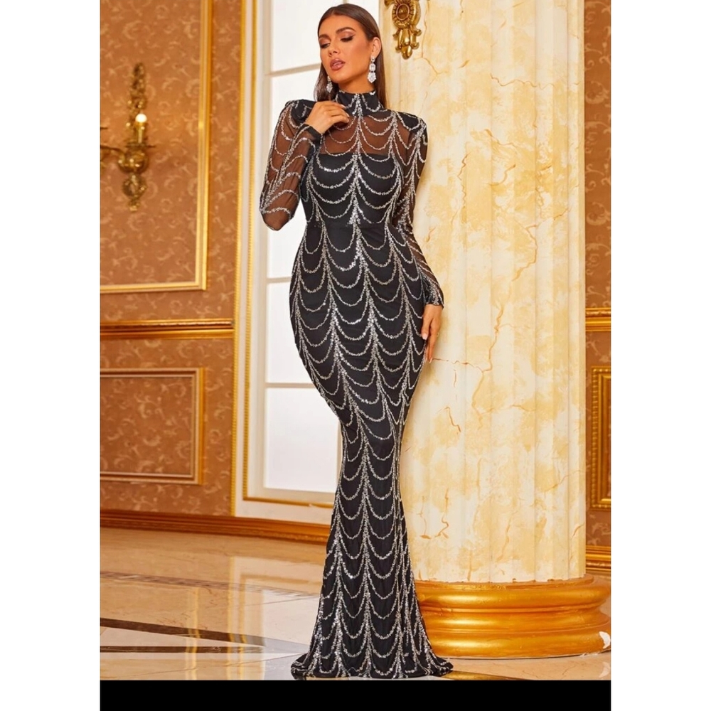 Sheer Mesh Yike Sequin Prom Dress